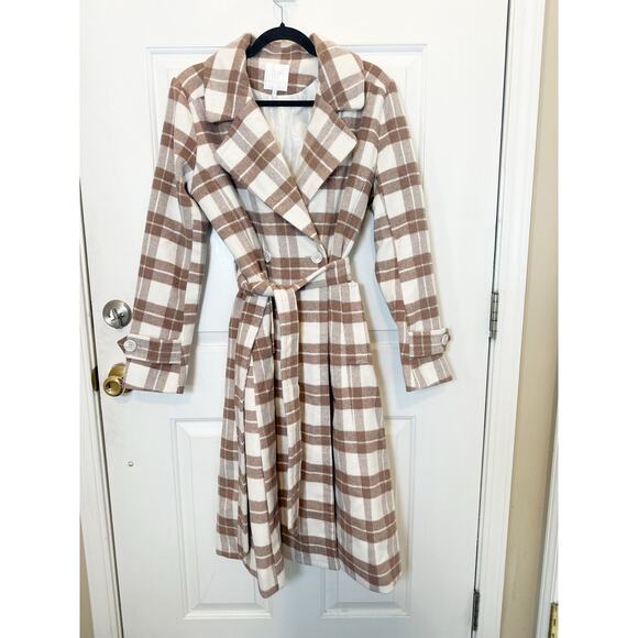 Rachel Parcell Coat Women's Medium Brown/White Plaid Belted Tailored Overcoat - Picture 4 of 9